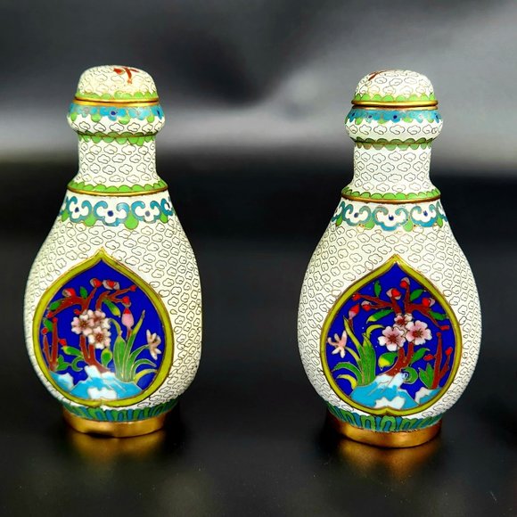 Vintage Beautiful Cloisonne Small Bud Vases - Set of 2 - 5" Tall